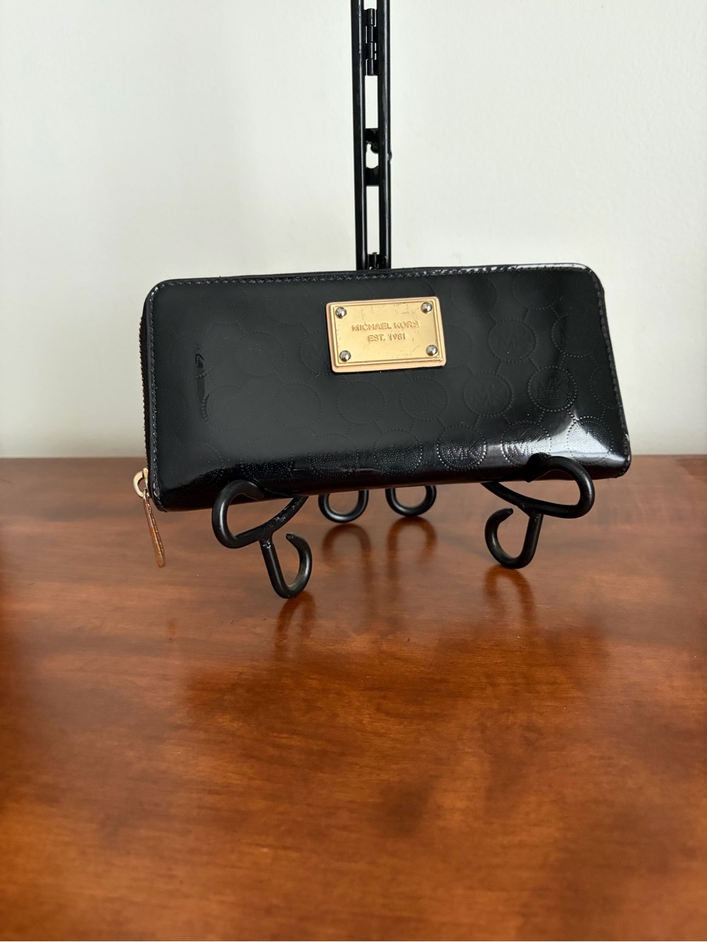 Michael Kors Black Patent Zip-Around Wallet with Gold Plate